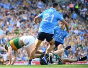 10 July 2022; Dublin goalkeeper Evan Comerford saves from the feet of Seán O'Shea of Kerry during the GAA Football All-Ireland Senior Championship Semi-Final match between Dublin and Kerry at Croke Park in Dublin. Photo by Stephen McCarthy/Sportsfile