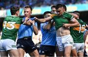 10 July 2022; Players including Seán O'Shea of Kerry, right, tussle after Seán O'Shea's penalty was saved by Dublin goalkeeper Evan Comerford during the GAA Football All-Ireland Senior Championship Semi-Final match between Dublin and Kerry at Croke Park in Dublin. Photo by Piaras Ó Mídheach/Sportsfile