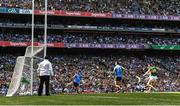 10 July 2022; Seán O'Shea of Kerry shoots to score his side's goal past Dublin goalkeeper Evan Comerford during the GAA Football All-Ireland Senior Championship Semi-Final match between Dublin and Kerry at Croke Park in Dublin. Photo by Stephen McCarthy/Sportsfile