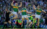 10 July 2022; Seán O'Shea of Kerry and his team mates Killian Spillane, left, and Adrian Spillane celebrate as referee Paddy Neilan blows the full time whistle to end the GAA Football All-Ireland Senior Championship Semi-Final match between Dublin and Kerry at Croke Park in Dublin. Photo by Ray McManus/Sportsfile