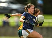 10 July 2022; Rachel Sawyer of Carlow in action against Sarah O'Neill of Antrim during the TG4 All-Ireland Ladies Football Junior Championship Semi-Final match between Antrim and Carlow at Lann Léire GAA club in Dunleer, Louth. Photo by Oliver McVeigh/Sportsfile
