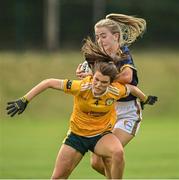 10 July 2022; Rachel Sawyer of Carlow in action against Niamh McIntosh of Antrim during the TG4 All-Ireland Ladies Football Junior Championship Semi-Final match between Antrim and Carlow at Lann Léire GAA club in Dunleer, Louth. Photo by Oliver McVeigh/Sportsfile