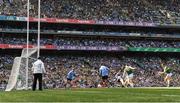 10 July 2022; Seán O'Shea of Kerry shoots to score his side's goal past Dublin goalkeeper Evan Comerford during the GAA Football All-Ireland Senior Championship Semi-Final match between Dublin and Kerry at Croke Park in Dublin. Photo by Stephen McCarthy/Sportsfile