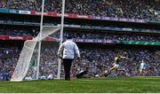 10 July 2022; Dublin goalkeeper Evan Comerford saves the follow up shot from a penalty from Seán O'Shea of Kerry during the GAA Football All-Ireland Senior Championship Semi-Final match between Dublin and Kerry at Croke Park in Dublin. Photo by Stephen McCarthy/Sportsfile