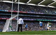 10 July 2022; Seán O'Shea of Kerry shoots to score his side's goal past Dublin goalkeeper Evan Comerford during the GAA Football All-Ireland Senior Championship Semi-Final match between Dublin and Kerry at Croke Park in Dublin. Photo by Stephen McCarthy/Sportsfile