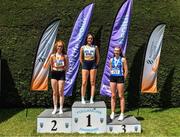 10 July 2022; Ellen O'Dwyer of Nenagh Olympic AC, Co Tipperary, second place, Jade Moorhead of Craughwell AC, Co Galway, first place, and Orlaith Deegan of Sliabh Bhuide Rovers AC, Co Wexford, third place, after the under 18 girls high jump during day three of the Irish Life Health National Juvenile Track and Field Championships at Tullamore Harriers Stadium in Tullamore, Offaly. Photo by Diarmuid Greene/Sportsfile