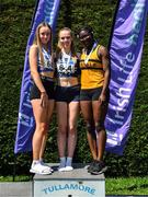 10 July 2022; Leila Colfer of St Laurence O'Toole AC, second place, Hannah Falvey of Belgooly AC, Cork, first place, and Fatima Amusa of Leevale AC, Cork, third place, after the under 17 girls 200m during day three of the Irish Life Health National Juvenile Track and Field Championships at Tullamore Harriers Stadium in Tullamore, Offaly. Photo by Diarmuid Greene/Sportsfile