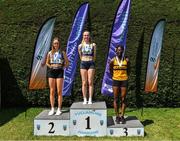 10 July 2022; Leila Colfer of St Laurence O'Toole AC, second place, Hannah Falvey of Belgooly AC, Cork, first place, and Fatima Amusa of Leevale AC, Cork, third place, after the under 17 girls 200m during day three of the Irish Life Health National Juvenile Track and Field Championships at Tullamore Harriers Stadium in Tullamore, Offaly. Photo by Diarmuid Greene/Sportsfile