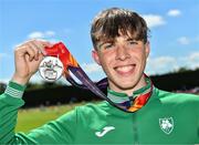 10 July 2022; Fintan Dewhirst of Ireland with his silver medal from the 400m hurdles at the European Under-18 Athletic Championships in Israel during day three of the Irish Life Health National Juvenile Track and Field Championships at Tullamore Harriers Stadium in Tullamore, Offaly. Photo by Diarmuid Greene/Sportsfile