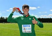 10 July 2022; Fintan Dewhirst of Ireland with his silver medal from the 400m hurdles at the European Under-18 Athletic Championships in Israel during day three of the Irish Life Health National Juvenile Track and Field Championships at Tullamore Harriers Stadium in Tullamore, Offaly. Photo by Diarmuid Greene/Sportsfile