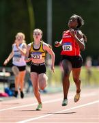 10 July 2022; Destiny Lawal of Dooneen AC, Limerick, on her way to winning the under 14 girls 200m during day three of the Irish Life Health National Juvenile Track and Field Championships at Tullamore Harriers Stadium in Tullamore, Offaly. Photo by Diarmuid Greene/Sportsfile
