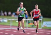 10 July 2022; Sean Stone of Templemore AC, Co Tipperary, on his way to finishing second in the under 15 boys 250m hurdles during day three of the Irish Life Health National Juvenile Track and Field Championships at Tullamore Harriers Stadium in Tullamore, Offaly. Photo by Diarmuid Greene/Sportsfile