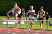 10 July 2022; Evan Moran of Galway City Harriers AC, left, on his way to winning the under 17 boys 300m from Ruaidhri Boyle of Carraig-Na-Bhfear AC, Cork, centre, and Cormac Crotty of Annalee AC, Cavan, during day three of the Irish Life Health National Juvenile Track and Field Championships at Tullamore Harriers Stadium in Tullamore, Offaly. Photo by Diarmuid Greene/Sportsfile