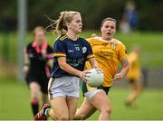 10 July 2022; Sara Doyle of Carlow in action against Antrim during the TG4 All-Ireland Ladies Football Junior Championship Semi-Final match between Antrim and Carlow at Lann Léire GAA club in Dunleer, Louth. Photo by Oliver McVeigh/Sportsfile