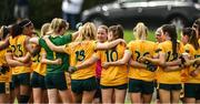 10 July 2022; The Antrim squad listen to Antrim Manager Emma Kelly  before the TG4 All-Ireland Ladies Football Junior Championship Semi-Final match between Antrim and Carlow at Lann Léire GAA club in Dunleer, Louth. Photo by Oliver McVeigh/Sportsfile