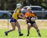 10 July 2022; Sherene Hamiliton of Wexford iaa/ Aisling Hanly of Roscommon during the TG4 All-Ireland Ladies Football Intermediate Championship Semi-Final match between Roscommon and Wexford at Crettyard GAA club, Crettyard, Laois. Photo by Michael P Ryan/Sportsfile