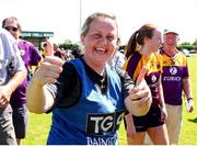 10 July 2022; Wexford manager Lizzy Kent  celebrate after the TG4 All-Ireland Ladies Football Intermediate Championship Semi-Final match between Roscommon and Wexford at Crettyard GAA club, Crettyard, Laois. Photo by Michael P Ryan/Sportsfile