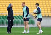 11 July 2022; Assistant coach Mike Catt, left, with Ciaran Frawley and Jimmy O’Brien during Ireland rugby squad training at Sky Stadium in Wellington, New Zealand. Photo by Brendan Moran/Sportsfile