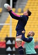 11 July 2022; Joe McCarthy is lifted by Jeremy Loughman during Ireland rugby squad training at Sky Stadium in Wellington, New Zealand. Photo by Brendan Moran/Sportsfile