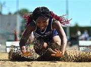 10 July 2022; Tiffany Nwaedozie of Belgooly AC, Cork, competing in the under 14 girls long jump, where she won a bronze medal, during day three of the Irish Life Health National Juvenile Track and Field Championships at Tullamore Harriers Stadium in Tullamore, Offaly. Photo by Diarmuid Greene/Sportsfile