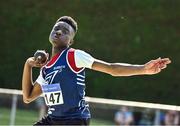 10 July 2022; Chucks Onyeka of Belgooly AC, Cork, on his way to winning the under 14 boys shot put during day three of the Irish Life Health National Juvenile Track and Field Championships at Tullamore Harriers Stadium in Tullamore, Offaly. Photo by Diarmuid Greene/Sportsfile