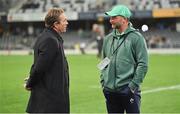 9 July 2022; Former New Zealand player Justin Marshall, left, in conversation with Ireland assistant coach Mike Catt before the Steinlager Series match between the New Zealand and Ireland at the Forsyth Barr Stadium in Dunedin, New Zealand. Photo by Brendan Moran/Sportsfile