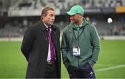 9 July 2022; Former New Zealand player Justin Marshall, left, in conversation with Ireland assistant coach Mike Catt before the Steinlager Series match between the New Zealand and Ireland at the Forsyth Barr Stadium in Dunedin, New Zealand. Photo by Brendan Moran/Sportsfile