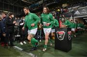 9 July 2022; Andrew Porter, left, and Mack Hansen of Ireland walk onto the pitch before the Steinlager Series match between the New Zealand and Ireland at the Forsyth Barr Stadium in Dunedin, New Zealand. Photo by Brendan Moran/Sportsfile