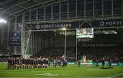 9 July 2022; The teams stand for the national anthems before the Steinlager Series match between the New Zealand and Ireland at the Forsyth Barr Stadium in Dunedin, New Zealand. Photo by Brendan Moran/Sportsfile
