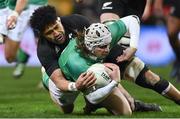 9 July 2022; Mack Hansen of Ireland is tackled by Ardie Savea of New Zealand during the Steinlager Series match between the New Zealand and Ireland at the Forsyth Barr Stadium in Dunedin, New Zealand. Photo by Brendan Moran/Sportsfile