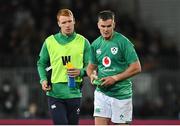 9 July 2022; Jonathan Sexton, right, and Ciaran Frawley of Ireland during the Steinlager Series match between the New Zealand and Ireland at the Forsyth Barr Stadium in Dunedin, New Zealand. Photo by Brendan Moran/Sportsfile