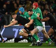 9 July 2022; Dalton Papalii of New Zealand is tackled by Tadhg Beirne and Robbie Henshaw of Ireland during the Steinlager Series match between the New Zealand and Ireland at the Forsyth Barr Stadium in Dunedin, New Zealand. Photo by Brendan Moran/Sportsfile