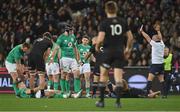 9 July 2022; Garry Ringrose of Ireland, left, and Ofa Tu'ungafasi of New Zealand lie injured after a clash of heads, for which Ofa Tu'ungafasi was shown a red card, during the Steinlager Series match between the New Zealand and Ireland at the Forsyth Barr Stadium in Dunedin, New Zealand. Photo by Brendan Moran/Sportsfile