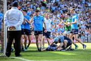 10 July 2022; Dublin goalkeeper Evan Comerford receives medical attention during the GAA Football All-Ireland Senior Championship Semi-Final match between Dublin and Kerry at Croke Park in Dublin. Photo by Stephen McCarthy/Sportsfile