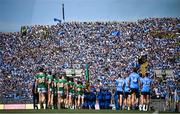 10 July 2022; Dublin and Kerry players walk towards Hill 16 in the pre-match parade before the GAA Football All-Ireland Senior Championship Semi-Final match between Dublin and Kerry at Croke Park in Dublin. Photo by Stephen McCarthy/Sportsfile