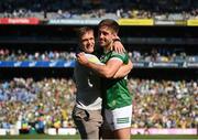 10 July 2022; Kerry players Darragh Roche, left, and Adrian Spillane celebrate after the GAA Football All-Ireland Senior Championship Semi-Final match between Dublin and Kerry at Croke Park in Dublin. Photo by Stephen McCarthy/Sportsfile