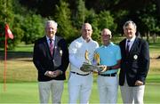 10 July 2022; In attendance are, from left, Castle Golf Club captain Declan Allen, Stephen Finlan of Grange Castle Golf Club, Michael Finlan of Castle Golf Club, and Competition chairman Lee Healion, with the trophy after the All Ireland Father & Son Foursomes 2022 – 60th Anniversary - at Castle Golf Club in Rathfarnham, Dublin. Photo by Sam Barnes/Sportsfile