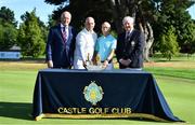 10 July 2022; Michael Finlan of Castle Golf Club, second from right, and his son Stephen Finlan of Grange Castle Golf Club, second from left, alongside Sponsor and owner of Dawson Jewellers Ken McDonagh, left, and Castle Golf Club captain Declan Alle, right, after winning the All Ireland Father & Son Foursomes 2022 – 60th Anniversary -  at Castle Golf Club in Rathfarnham, Dublin. Photo by Sam Barnes/Sportsfile