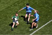 10 July 2022; Danny Goan, St Paul's P.S., Lisnarick Road, Irvinestown, Fermanagh, representing Kerry in action against Dara Waldron, St. Cynoc's N.S., Athlone Road, Ferbane, Offaly, left, and Ethan O'Connor, The Heath N.S., The Heath, Portlaoise, Laois, representing Dublin during the INTO Cumann na mBunscol GAA Respect Exhibition Go Games at the GAA Football All-Ireland Senior Championship Semi-Final match between Dublin and Kerry at Croke Park in Dublin. Photo by Daire Brennan/Sportsfile