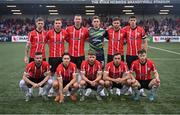 7 July 2022; The Derry City team, back row, from left, Jamie McGonigle, Patrick McEleney, Shane McEleney, Brian Maher, Will Patching and Eoin Toal, with, front row, Cameron Dummigan, Matty Smith, Ronan Boyce, Joe Thomson and Cameron McJannet before the UEFA Europa Conference League 2022/23 First Qualifying Round First Leg match between Derry City and Riga at the Ryan McBride Brandywell Stadium in Derry. Photo by Stephen McCarthy/Sportsfile