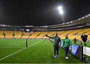 12 July 2022; Ireland head coach Andy Farrell, left, and captain Keith Earls walk the pitch before the match between the Maori All Blacks and Ireland at the Sky Stadium in Wellington, New Zealand. Photo by Brendan Moran/Sportsfile