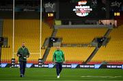 12 July 2022; Ireland head coach Andy Farrell, left, and captain Keith Earls walk the pitch before the match between the Maori All Blacks and Ireland at the Sky Stadium in Wellington, New Zealand. Photo by Brendan Moran/Sportsfile