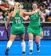 10 July 2022; Roisin Upton and Caoimhe Perdue of Ireland celebrate after the FIH Women's Hockey World Cup 9th/10th Place Play-off match between Ireland and South Africa at Wagener Stadium in Amstelveen, Netherlands. Photo by Jeroen Meuwsen/Sportsfile