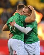 12 July 2022; Jordan Larmour of Ireland celebrates with teammate Keith Earls after scoring their side's first try during the match between the Maori All Blacks and Ireland at the Sky Stadium in Wellington, New Zealand. Photo by Brendan Moran/Sportsfile
