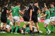 12 July 2022; Craig Casey of Ireland, right, celebrates after teammate Nick Timoney scores their side's second try during the match between the Maori All Blacks and Ireland at the Sky Stadium in Wellington, New Zealand. Photo by Brendan Moran/Sportsfile