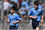 10 July 2022; Tomas Proudfoot, St Ultan's N.S., Bohermeen, Meath, representing Dublin, left, and Jack Pakenham, Gilson N.S., Church St, Oldcastle, Meath, representing Dublin during the INTO Cumann na mBunscol GAA Respect Exhibition Go Games at the GAA Football All-Ireland Senior Championship Semi-Final match between Dublin and Kerry at Croke Park in Dublin. Photo by Piaras Ó Mídheach/Sportsfile