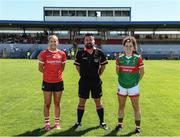 9 July 2022; Referee Seamus Mulvihill with Cork captain Maire O'Callaghan and Mayo captain Kathryn Sullivan before the TG4 All-Ireland Ladies Football Senior Championship Quarter-Final match between Cork and Mayo at Cusack Park in Ennis, Clare. Photo by Matt Browne/Sportsfile