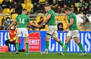 12 July 2022; Gavin Coombes of Ireland is congratulated by teammate Jordan Larmour, left, after scoring their side's third try during the match between the Maori All Blacks and Ireland at the Sky Stadium in Wellington, New Zealand. Photo by Brendan Moran/Sportsfile