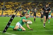 12 July 2022; Jordan Larmour of Ireland scores his second and his side's fourth try during the match between the Maori All Blacks and Ireland at the Sky Stadium in Wellington, New Zealand. Photo by Brendan Moran/Sportsfile