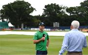 12 July 2022; Curtis Campher of Ireland is interviewed before the Men's One Day International match between Ireland and New Zealand at Malahide Cricket Club in Dublin. Photo by Harry Murphy/Sportsfile